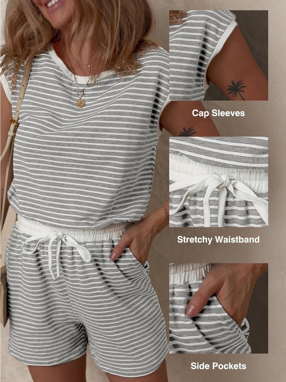 Dokotoo Rompers One Piece Short Jumpsuits Striped Grey & White Size Medium - Picture 6 of 10